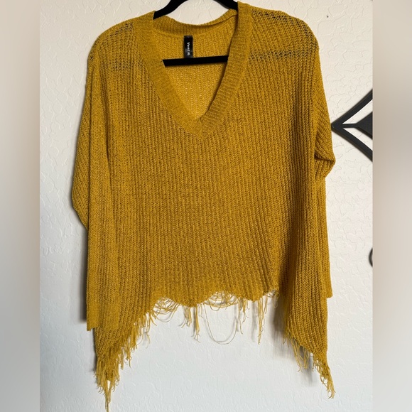 Sweaters - VENTI6 Women’s Mustard Yellow V-Neck Destructed Fringe Sweater - Med
